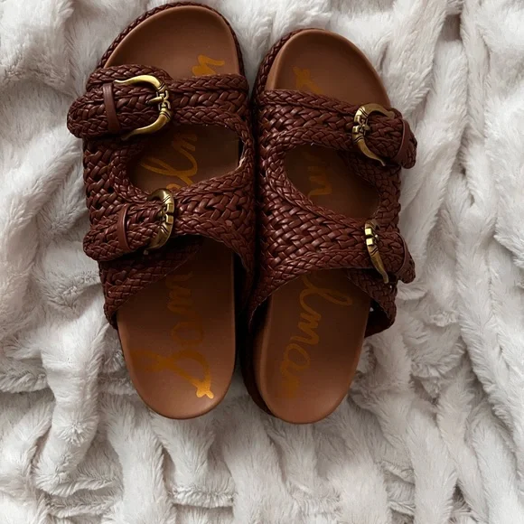 Sam Edelman, Reid, Cognac Woven Double Buckle Platform Sandals - Picture 3 of 9